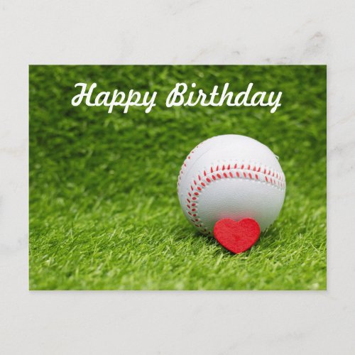 Baseball with red heart are on green birthday postcard