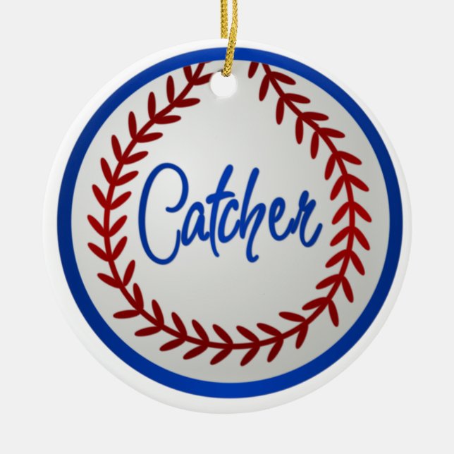 Baseball With Red Stitches and Catcher Ceramic Ornament (Front)