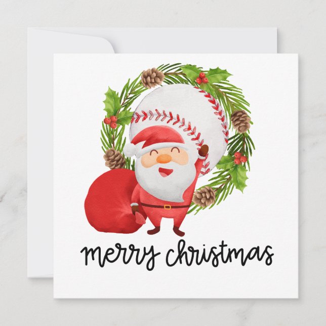 Baseball with Santa Claus Flat Holiday Card (Front)
