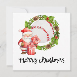 Baseball with Santa Claus Flat Holiday Card