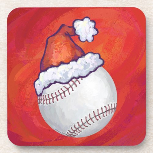Baseball with Santa Hat on Red Beverage Coaster