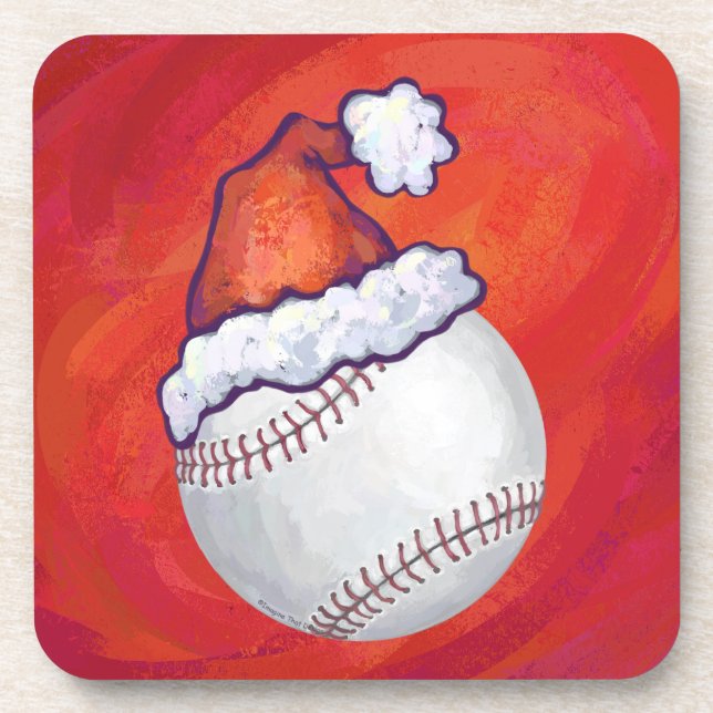 Baseball with Santa Hat on Red Beverage Coaster (Front)