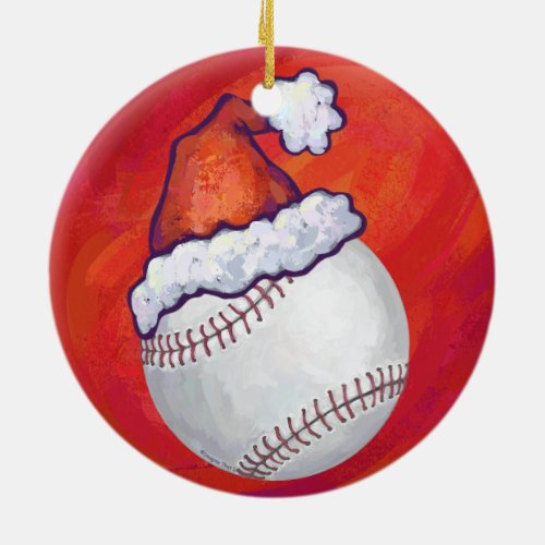Baseball with Santa Hat on Red Ceramic Ornament