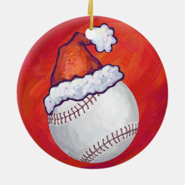 Baseball with Santa Hat on Red Ceramic Ornament (Back)