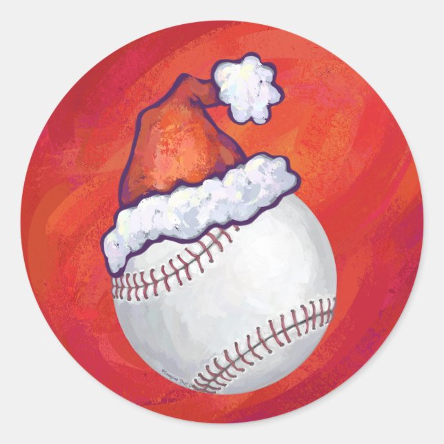 Baseball with Santa Hat on Red Classic Round Sticker (Front)