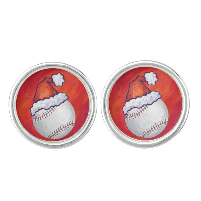 Baseball with Santa Hat on Red Cufflinks (Front)