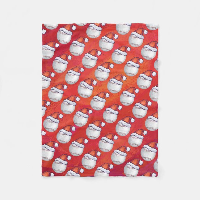 Baseball with Santa Hat on Red Fleece Blanket (Front)
