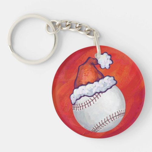 Baseball with Santa Hat on Red Keychain