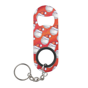 Baseball with Santa Hat on Red Keychain Bottle Opener