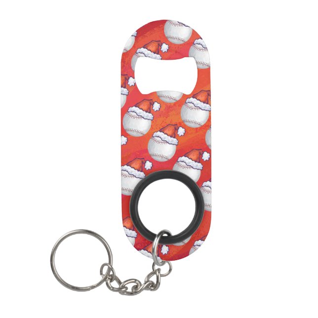 Baseball with Santa Hat on Red Keychain Bottle Opener (Front)