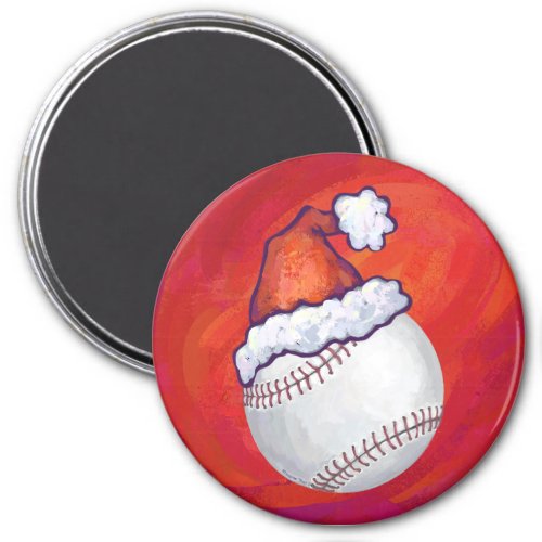 Baseball with Santa Hat on Red Magnet