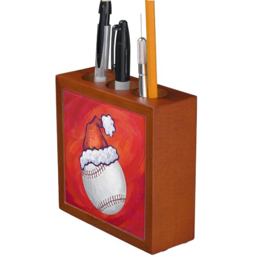 Baseball with Santa Hat on Red Pencil Holder