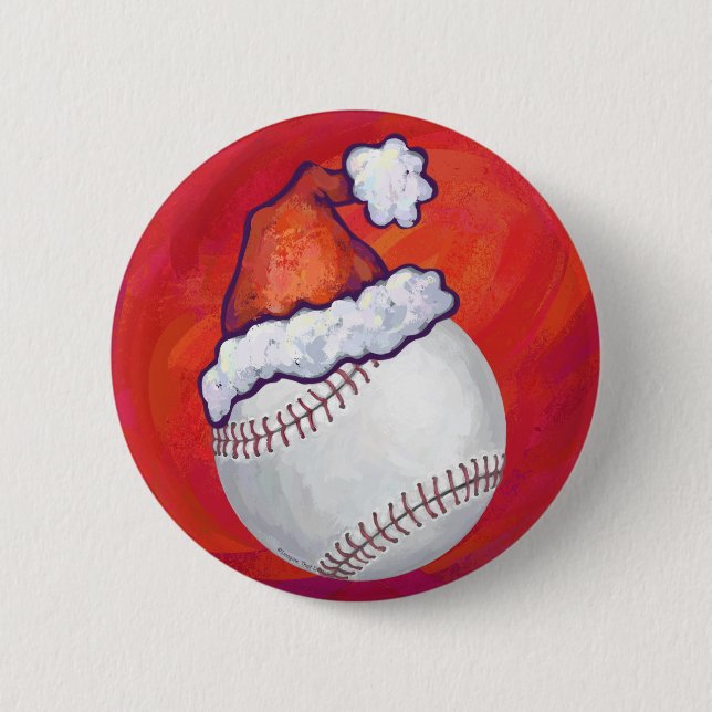 Baseball with Santa Hat on Red Pinback Button (Front)