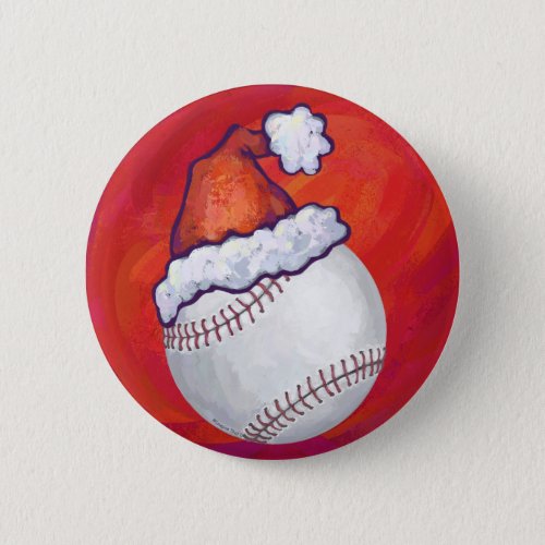 Baseball with Santa Hat on Red Pinback Button