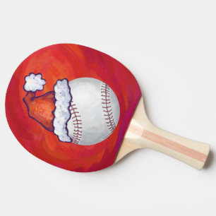 Baseball with Santa Hat on Red Ping Pong Paddle
