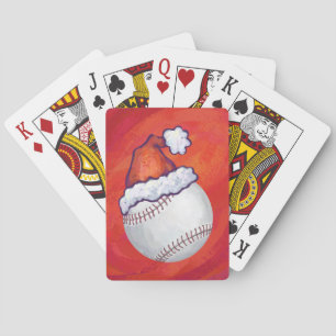 Baseball with Santa Hat on Red Poker Cards