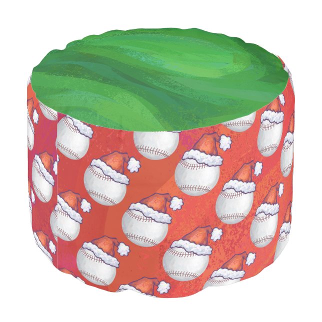 Baseball with Santa Hat on Red Pouf (Angled Back)
