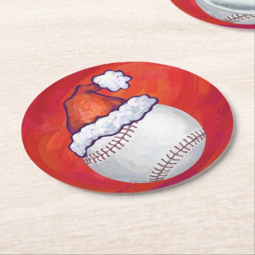 Baseball with Santa Hat on Red Round Paper Coaster