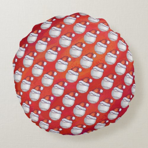 Baseball with Santa Hat on Red Round Pillow