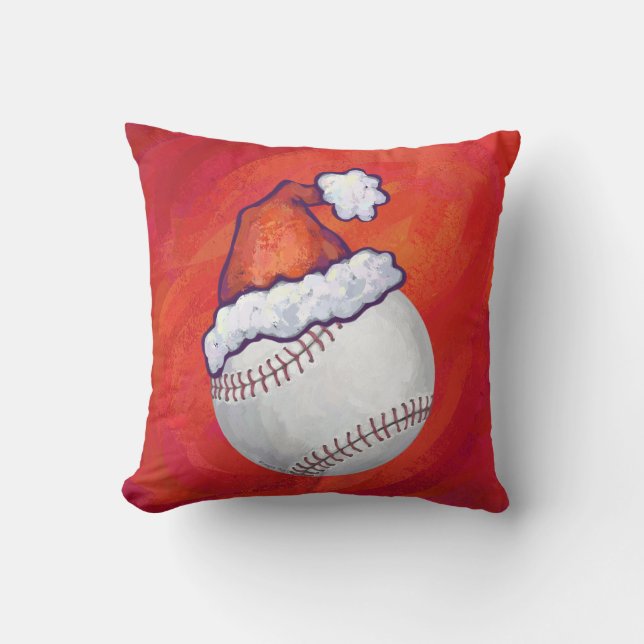 Baseball with Santa Hat on Red Throw Pillow (Front)