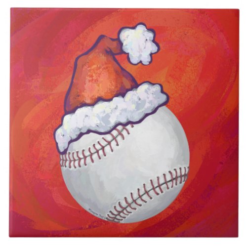 Baseball with Santa Hat on Red Tile