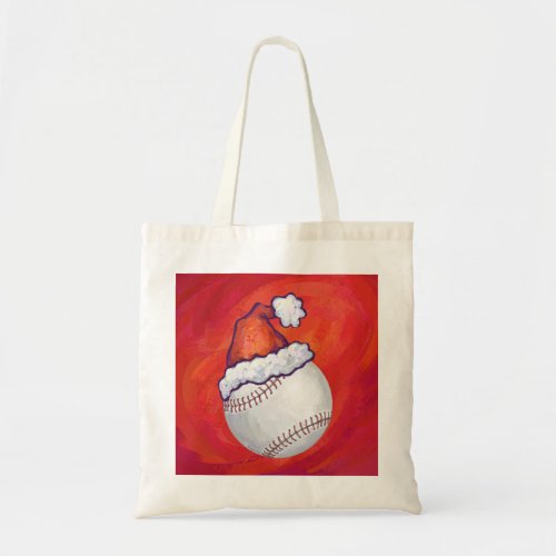 Baseball with Santa Hat on Red Tote Bag