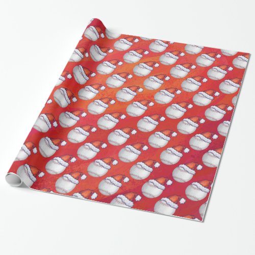 Baseball with Santa Hat on Red Wrapping Paper