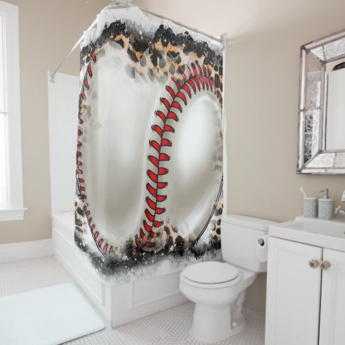 Baseball With Western Cowhide Leopard Print Shower Curtain