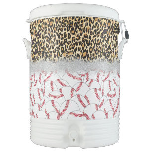 Baseballs and leopard print beverage cooler
