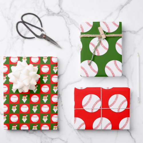 Baseballs and Santa Clause Red and Green Christmas Wrapping Paper Sheets