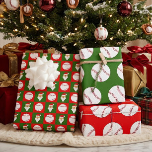 Baseballs and Santa Clause Red and Green Christmas Wrapping Paper Sheets