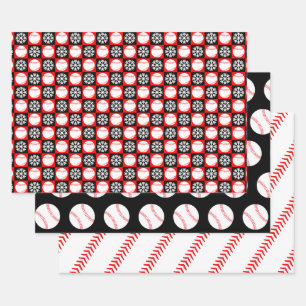 Baseballs and Snowflakes Red and Black Christmas Wrapping Paper Sheets