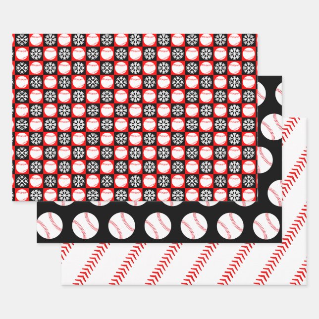 Baseballs and Snowflakes Red and Black Christmas Wrapping Paper Sheets (Set)