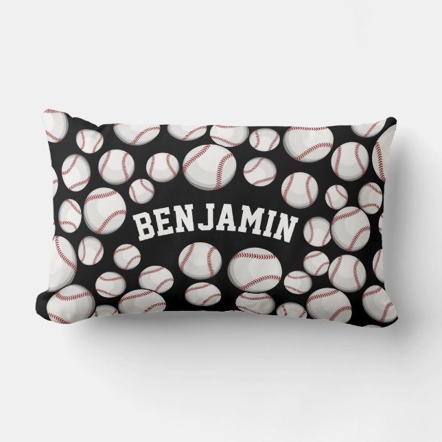 Baseballs By the Boatload Custom Black Lumbar Pillow (Front)