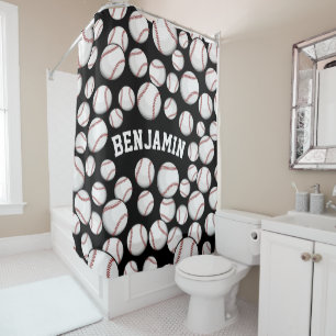 Baseballs By the Boatload Customized Name Black Shower Curtain