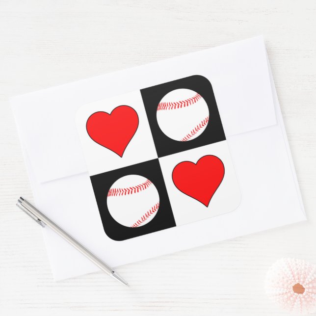 Baseballs & Hearts Pattern Baseball Player Party Square Sticker (Envelope)