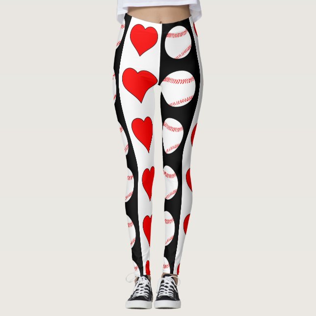 Baseballs & Hearts Vertical Black & White Pattern Leggings (Front)