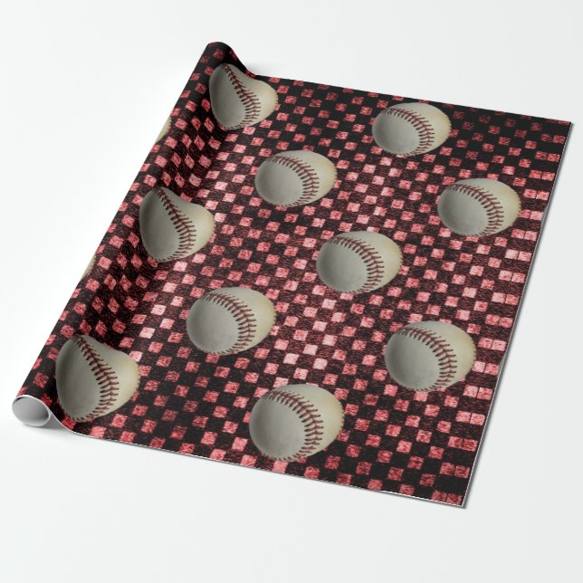 Baseballs on Red Checkerboard Background Wrapping Paper (Unrolled)