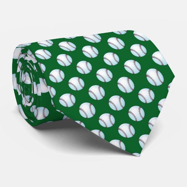Baseballs on Team Color Green Neck Tie (Rolled)