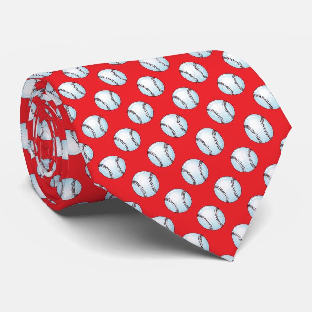 Baseballs on Team Color Red Neck Tie (Rolled)