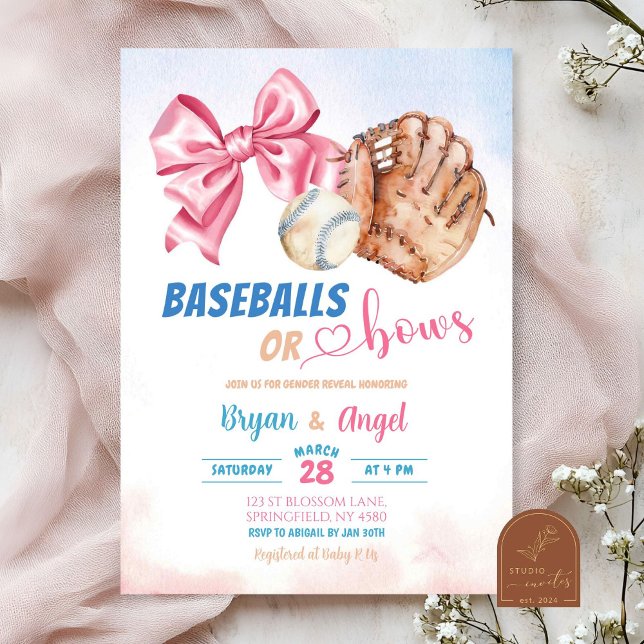 Baseballs or Bows Baby Gender Reveal Invitation (Creator Uploaded)