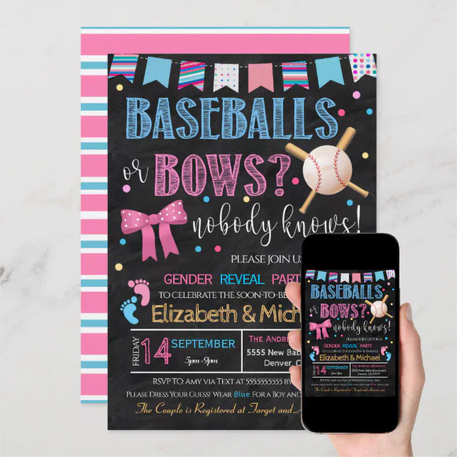 Baseballs or Bows Gender Reveal Invitation Zazzle