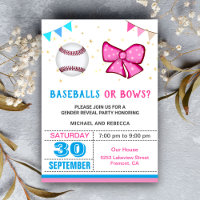 Baseballs or Bows Gender Reveal Party Invitation