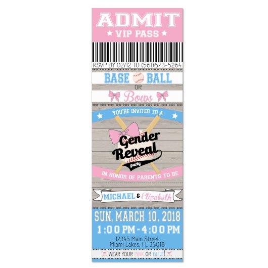Baseballs Or Bows Gender Reveal Ticket Invitation (Front)