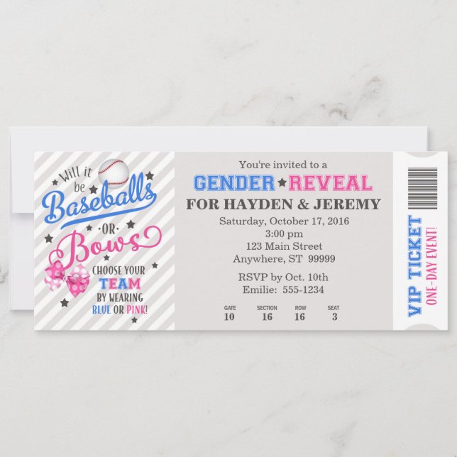 Baseballs or Bows Gender Reveal Ticket Style Invitation (Front)