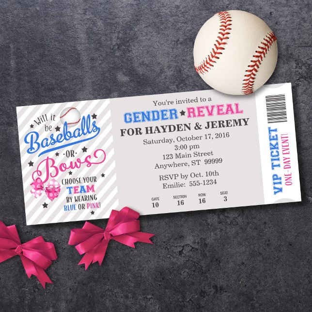 Baseballs or Bows Gender Reveal Ticket Style Invitation (Shown on a 4" x 9.25" card)