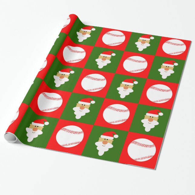 Baseballs & Santa Clause Baseball Player Christmas Wrapping Paper (Unrolled)