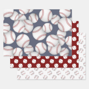 baseballs softballs coordinating set of 3 wrapping paper sheets