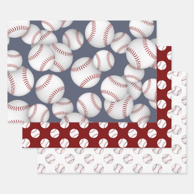 baseballs softballs coordinating set of 3 wrapping paper sheets (Set)