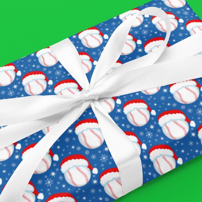 Baseballs Wear Santa's Hat & Snowflakes Denim Blue Wrapping Paper (Creator Uploaded)